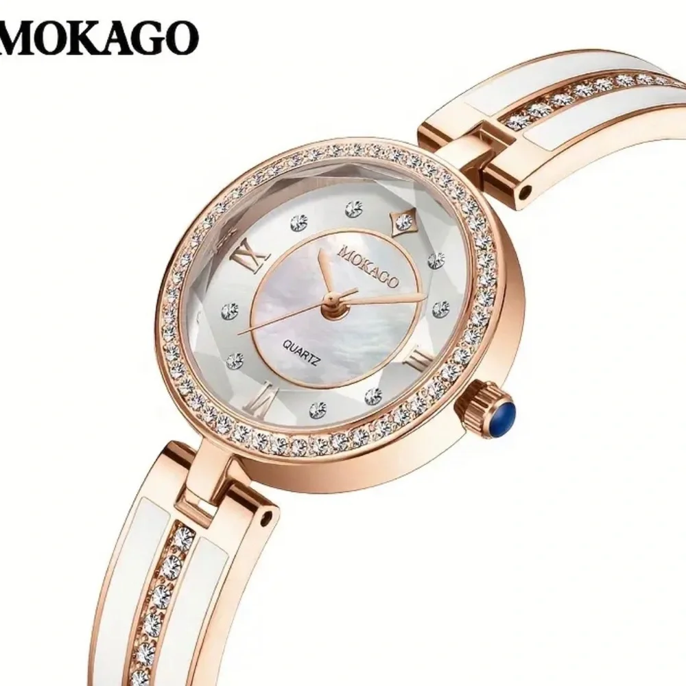 MOKAGO Rose Gold White Rhinestone Quartz Bangle Cuff Watch